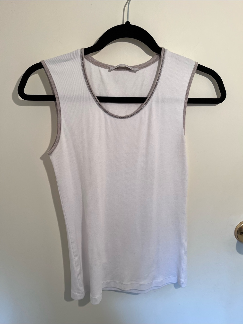 Fabiana Filippi Sleeveless White Tank Top with taupe Trim and metal silver detai